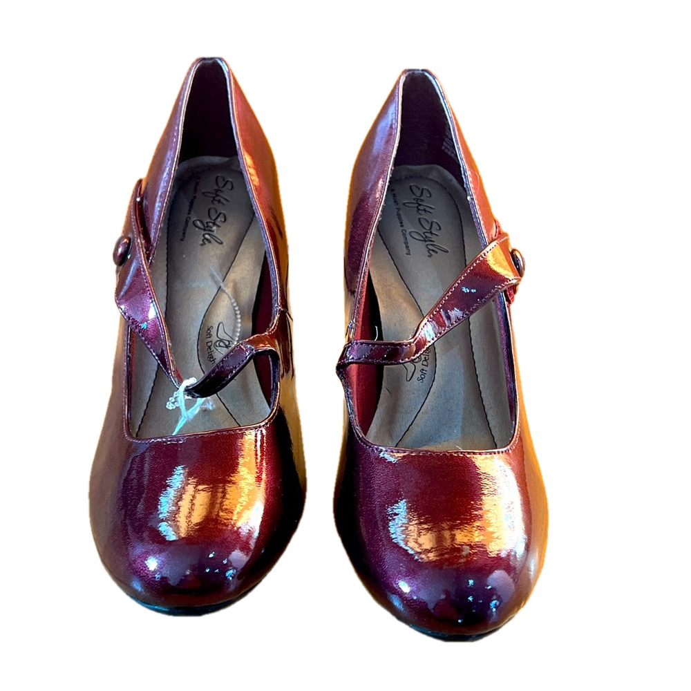 Soft Style Dark Red Heels Ruby Patent Leather Shoes